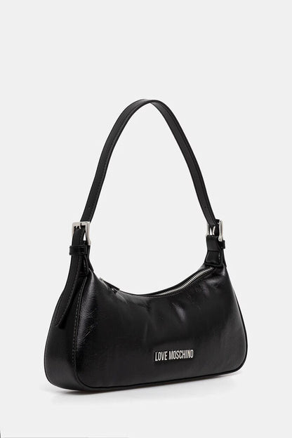 Black Faux Leather Shoulder Bag with Logo Embellishment