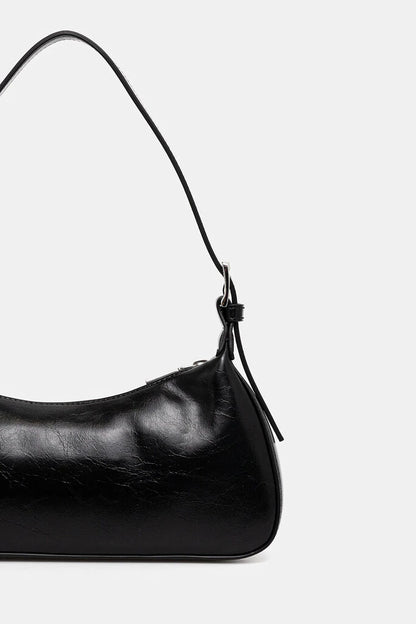 Black Faux Leather Shoulder Bag with Logo Embellishment