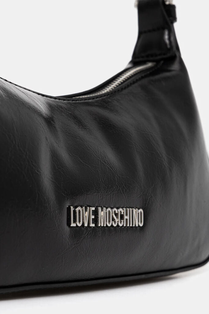Black Faux Leather Shoulder Bag with Logo Embellishment