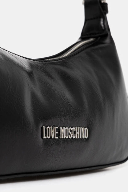 Black Faux Leather Shoulder Bag with Logo Embellishment