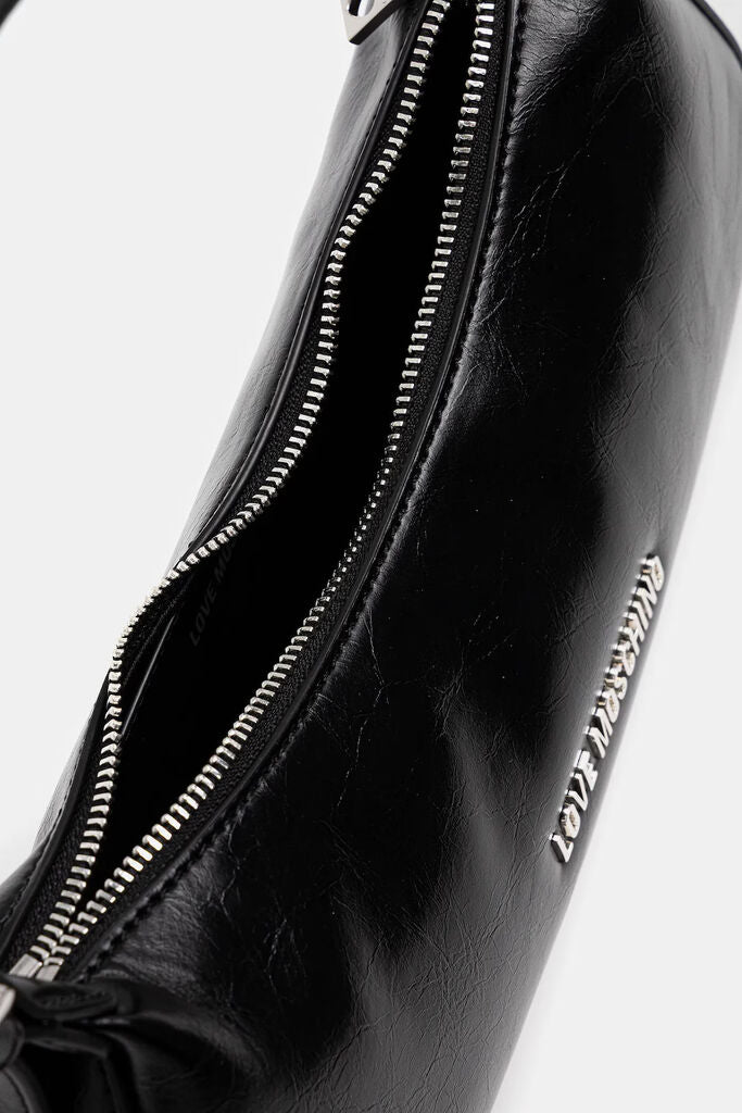Black Faux Leather Shoulder Bag with Logo Embellishment