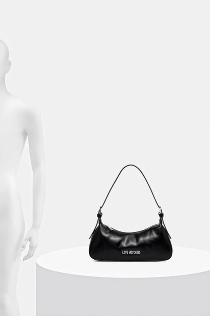 Black Faux Leather Shoulder Bag with Logo Embellishment