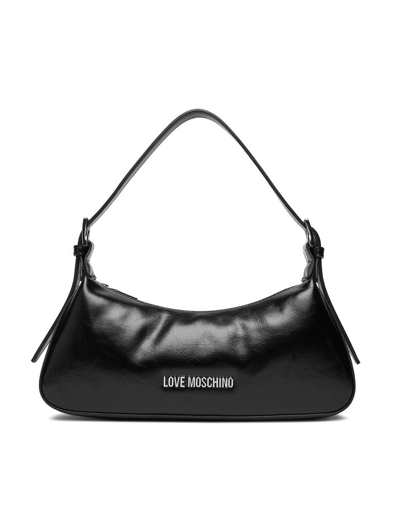 Black Faux Leather Shoulder Bag with Logo Embellishment