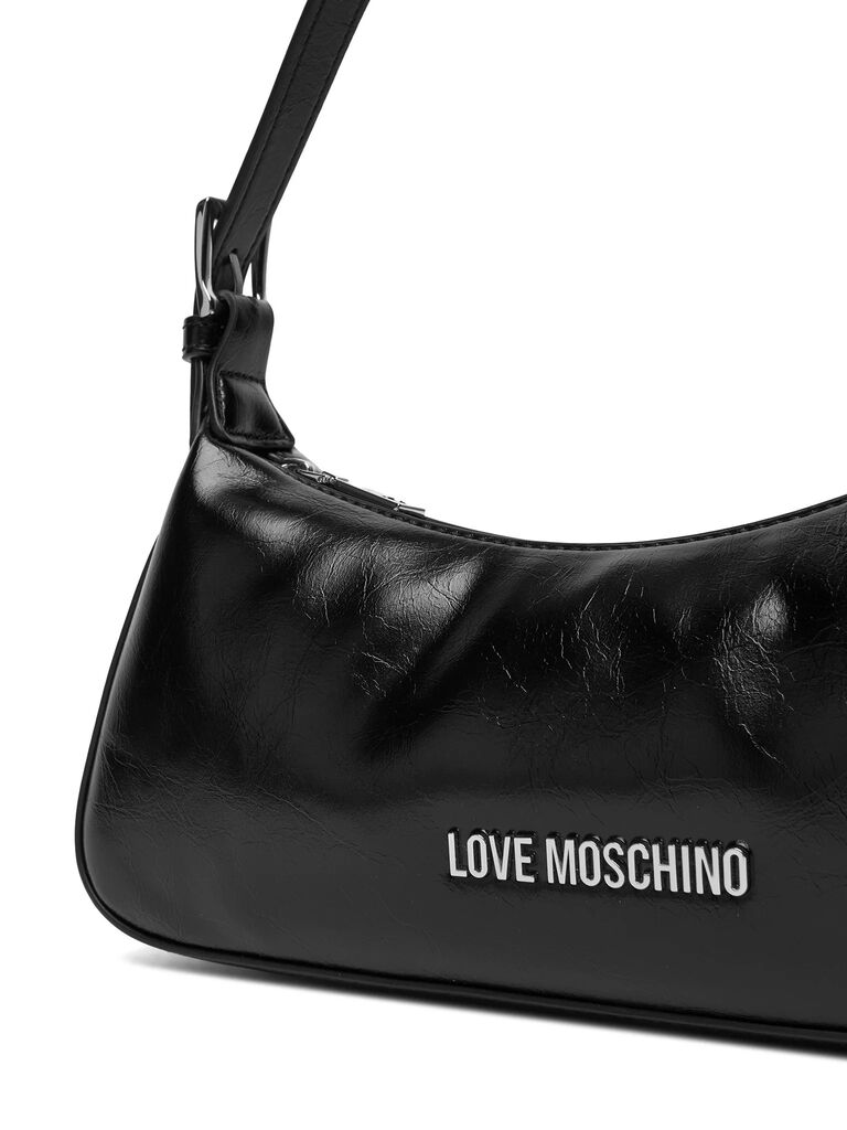 Black Faux Leather Shoulder Bag with Logo Embellishment
