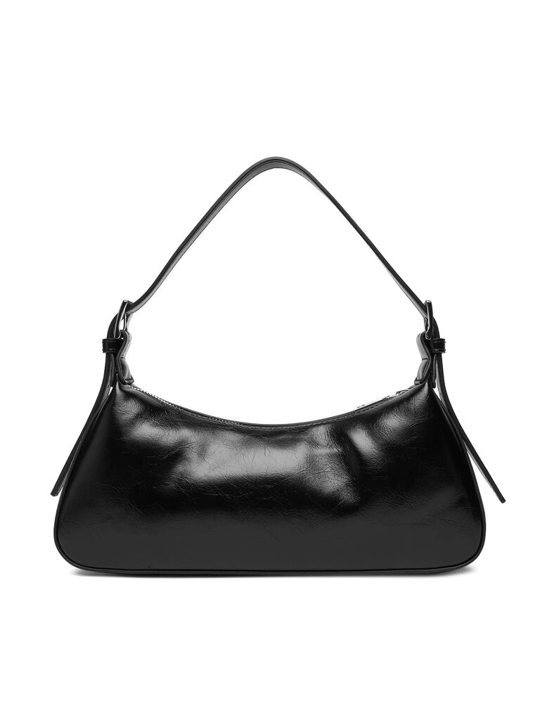 Black Faux Leather Shoulder Bag with Logo Embellishment