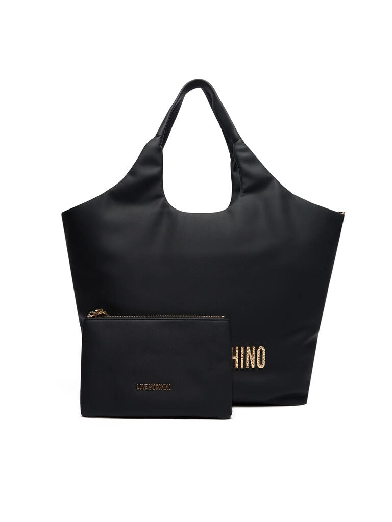 Black Smooth Tote with Zipper Pouch