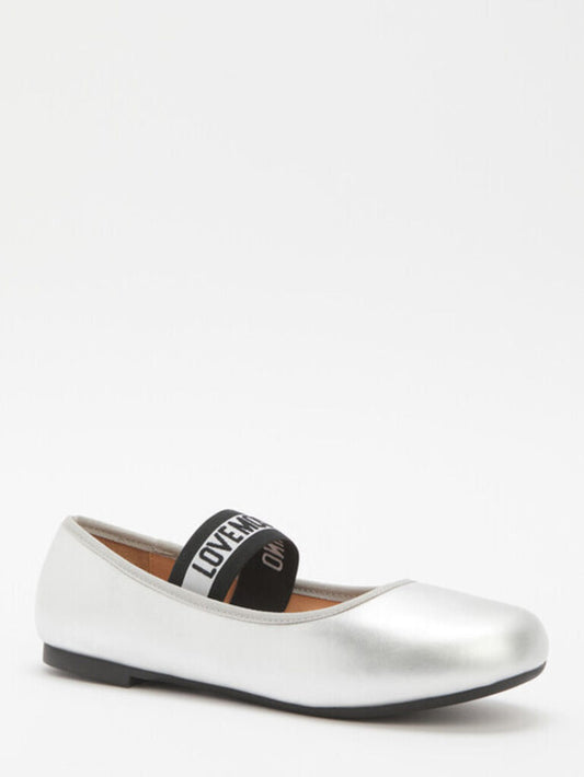 Silver Glossy Ballet Flats with Elastic Strap