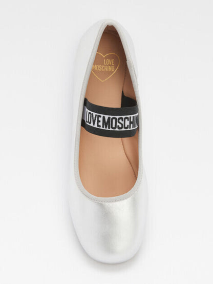 Silver Glossy Ballet Flats with Elastic Strap