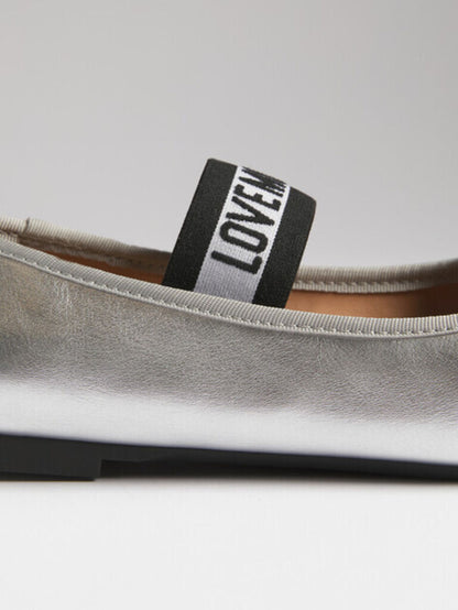 Silver Glossy Ballet Flats with Elastic Strap