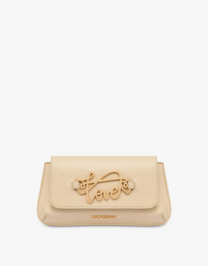 Beige Love Script Clutch with Gold Accents