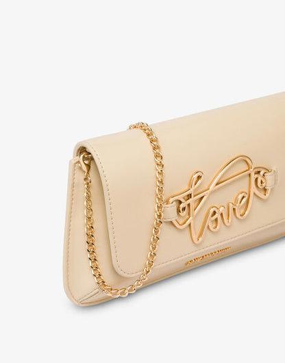 Beige Love Script Clutch with Gold Accents