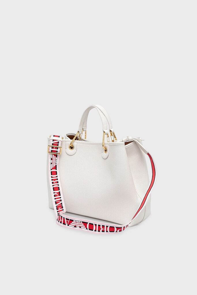 White Textured Tote Bag with Logo Strap