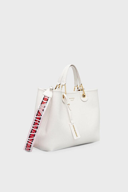 White Textured Tote Bag with Logo Strap