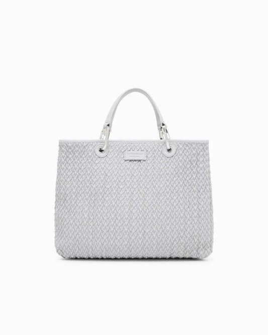 White Textured Tote Bag with Metal Accents