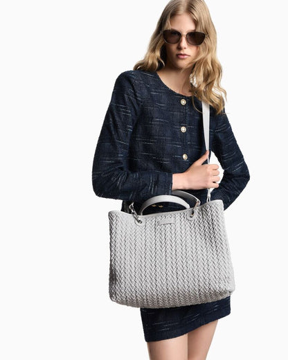 White Textured Tote Bag with Metal Accents