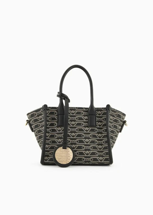 Black Logo-Patterned Tote with Gold Charm