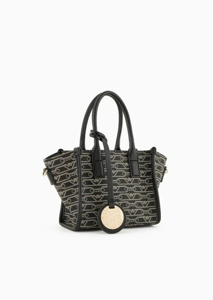 Black Logo-Patterned Tote with Gold Charm