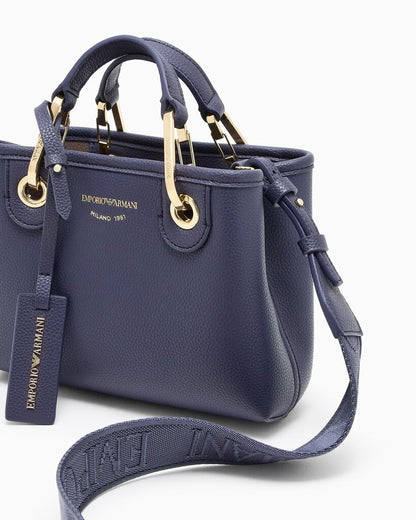 Blue Textured Mini Tote with Gold Accents
