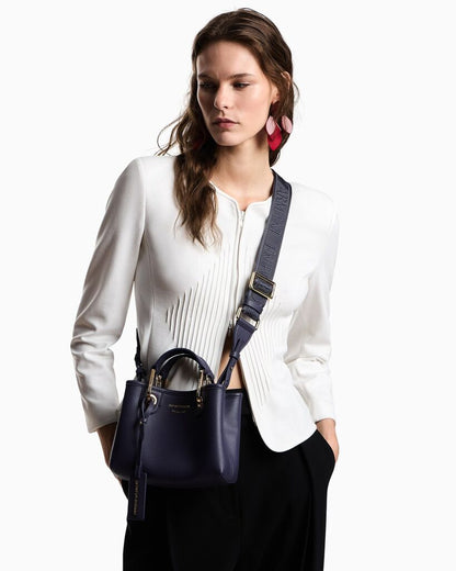 Blue Textured Mini Tote with Gold Accents