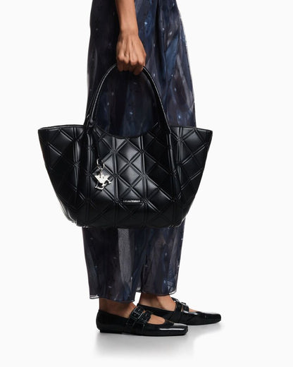 Black Quilted Tote Bag with Charm Accent