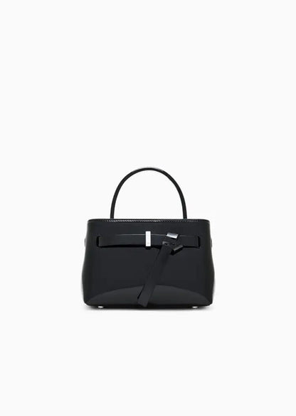 Black Structured Handbag with Unique Buckle
