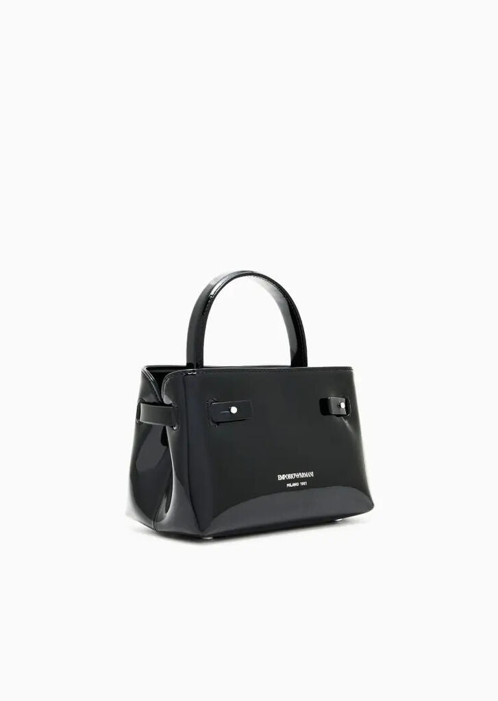 Black Structured Handbag with Unique Buckle