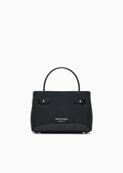 Black Structured Handbag with Unique Buckle