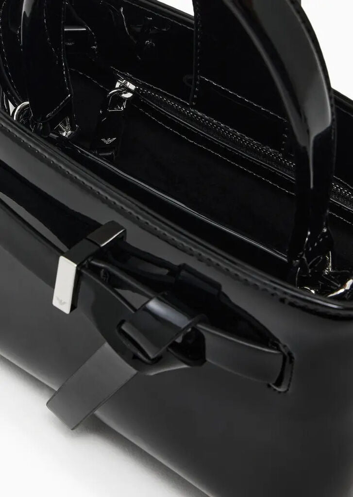 Black Structured Handbag with Unique Buckle