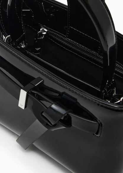Black Structured Handbag with Unique Buckle