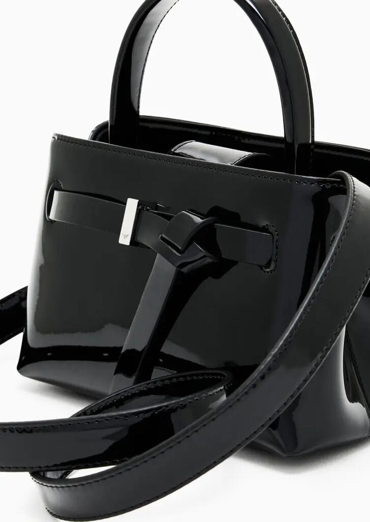 Black Structured Handbag with Unique Buckle