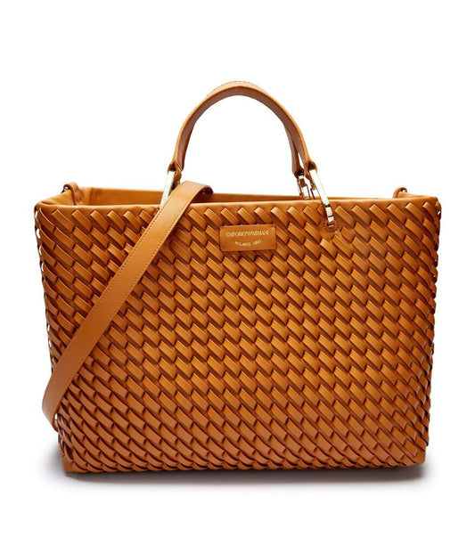 Tan Woven Tote Bag with Top Handle