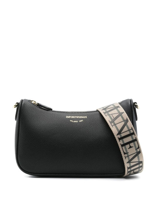 Black Textured Shoulder Bag with Logo Strap