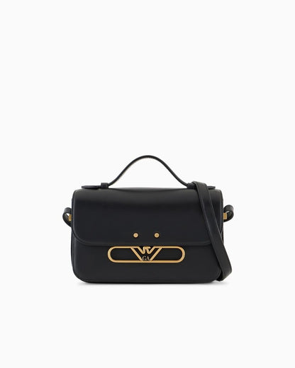 Black Classic Leather Satchel with Gold Accents