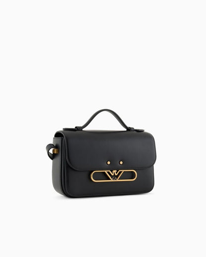 Black Classic Leather Satchel with Gold Accents