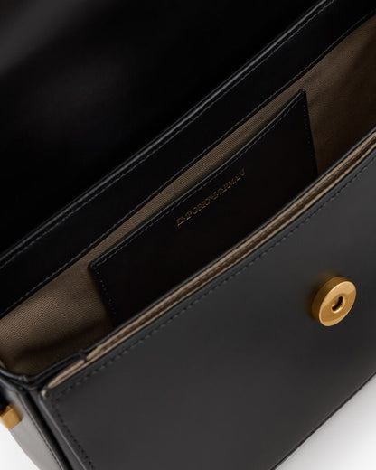 Black Classic Leather Satchel with Gold Accents