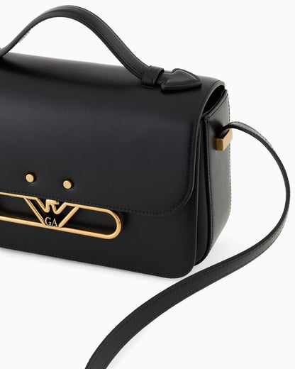 Black Classic Leather Satchel with Gold Accents