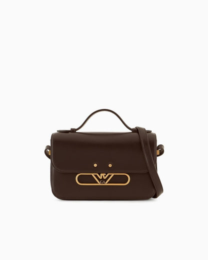 Brown Classic Leather Satchel with Gold Accents