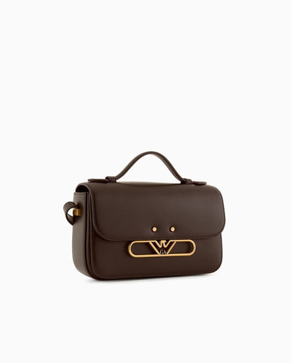 Brown Classic Leather Satchel with Gold Accents