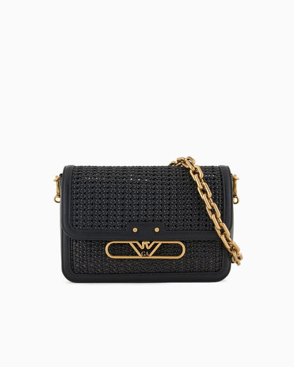 Black Woven Crossbody Bag with Chain Strap