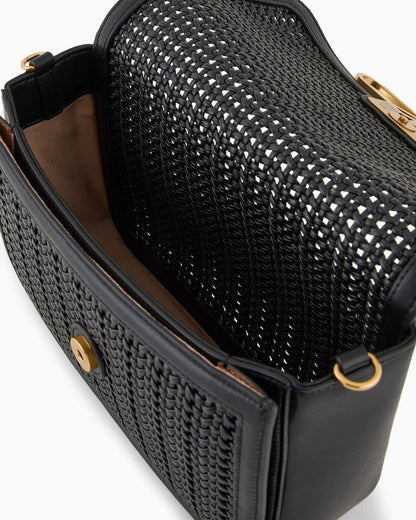 Black Woven Crossbody Bag with Chain Strap