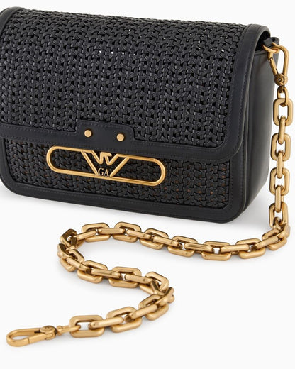 Black Woven Crossbody Bag with Chain Strap