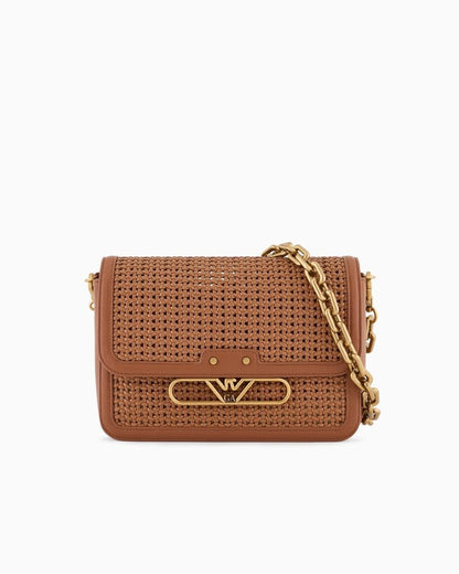 Tan Woven Shoulder Bag with Chain Strap