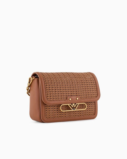 Tan Woven Shoulder Bag with Chain Strap