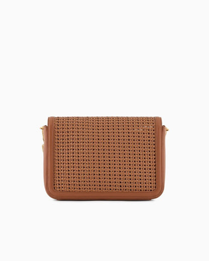 Tan Woven Shoulder Bag with Chain Strap