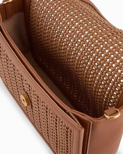 Tan Woven Shoulder Bag with Chain Strap