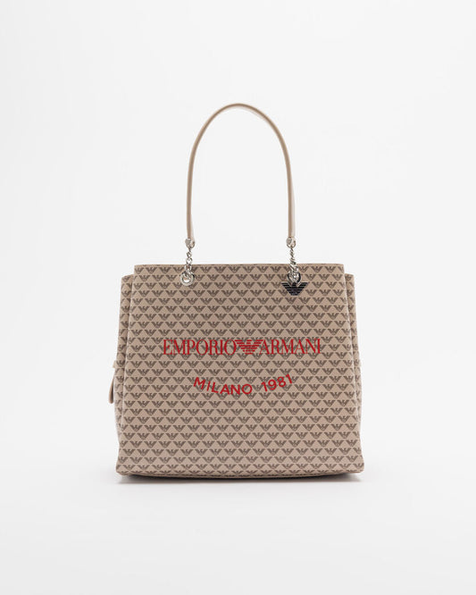 Beige Logo Pattern Tote Bag with Chain Handles