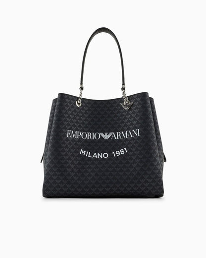 Black Logo Pattern Tote with Chain Handles