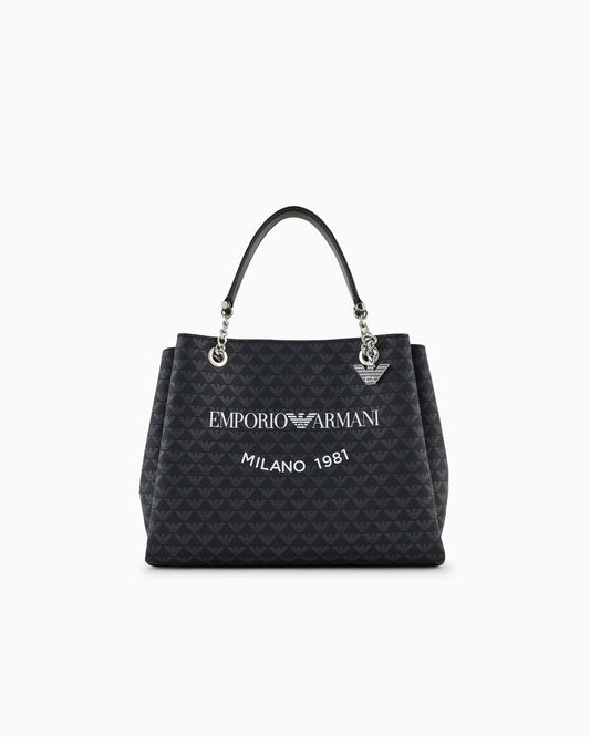 Navy Logo Print Tote Bag with Chain Handles