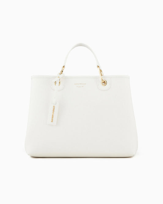 White Structured Leather Tote with Gold Accents