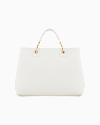 White Structured Leather Tote with Gold Accents